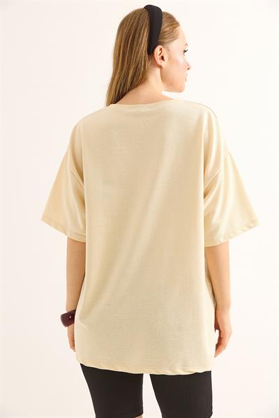 Baskılı Oversize Kesim Kadın Tshirt Sarı