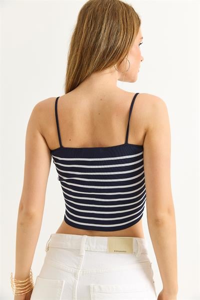 İp Askılı Crop Triko Bluz Lacivert