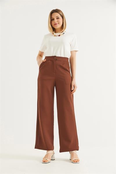 Yüksek Bel Cepli Palazzo Pantolon Kahverengi