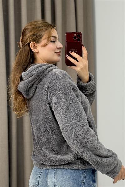Kadın Kapüşonlu Welsoft Uzun Kollu Sweat Gri