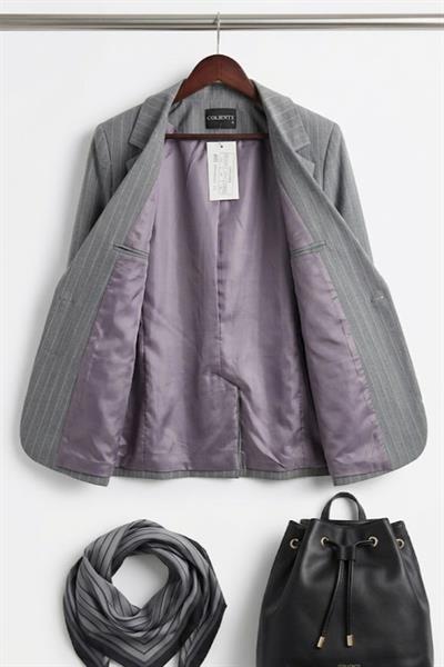Kadın Çizgi Desen Blazer Ceket Gri