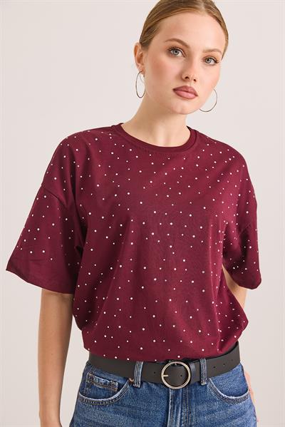 Taş Detaylı Rahat Kalıp Premium Pamuk Tshirt	Bordo