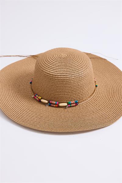 Boncuk Detaylı Hasır Kadın Plaj Havuz Çantası Vizon