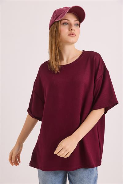 Oversize Yumuşak Dokulu Salaş T-Shirt Bordo