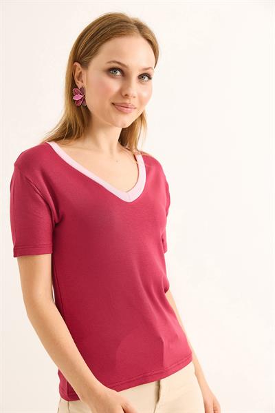 V Yaka  Kısa Kollu Kadın Kısa Tshirt Bordo
