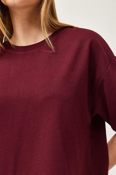 Basic Bisiklet Yaka Tshirt Bordo