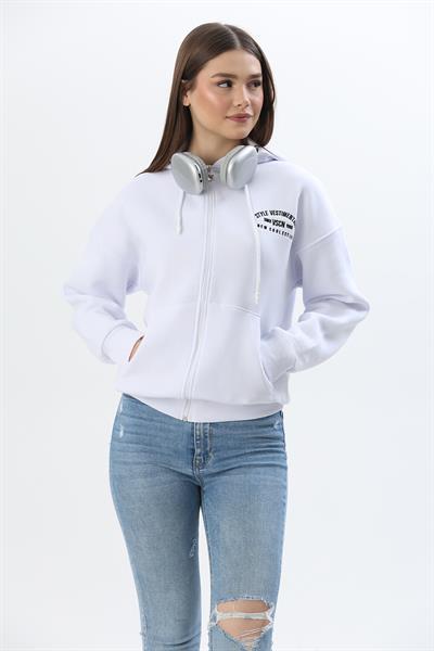 Fermuarlı Kapüşonlu  Sweatshirt Beyaz