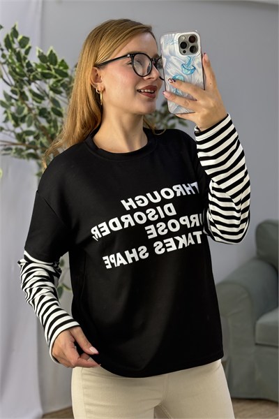 Kadın Yazı Baskılı Kolları Çizgili Bisiklet Yaka Tshirt Siyah