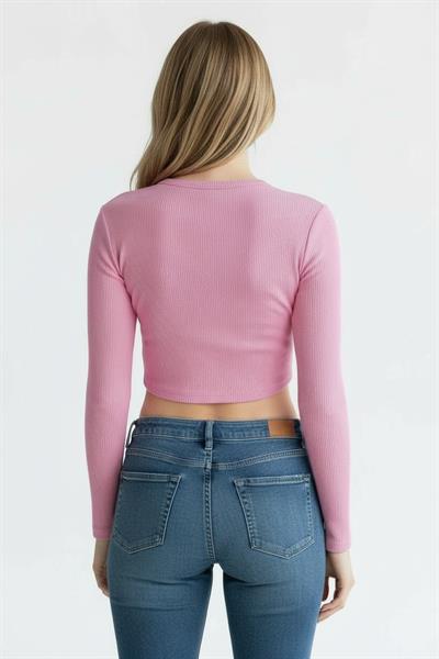 Kadın Yanlardan İp Büzgülü Crop Fitilli Bluz Pembe