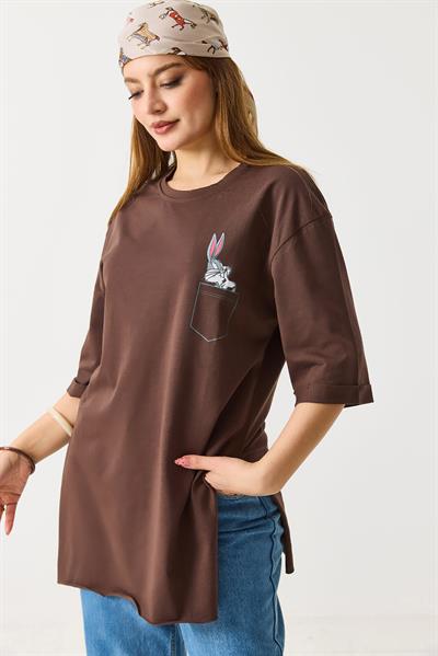 Kadın Yanları Yırtmaçlı Oversize  Basic Tshirt Kahverengi 