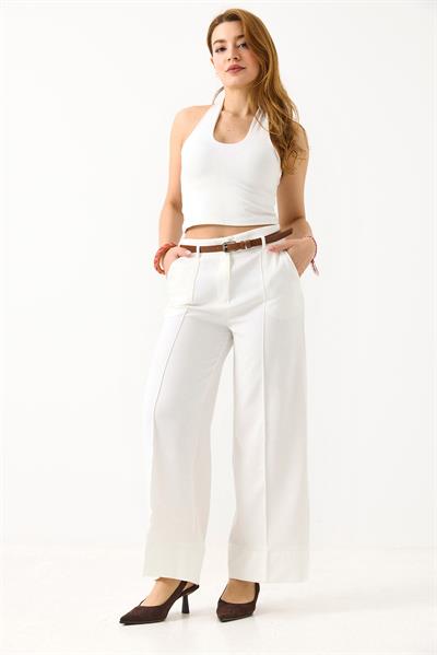 Kadın Paçası Dikişli Kemerli Şık Pantolon Beyaz