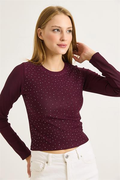 Kadın Ottoman Bisiklet Yaka Taşlı Bluz Bordo