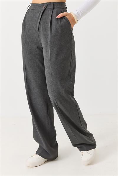 Kadın Çapraz Düğmeli Yüksek Bel Kumaş Pantolon Gri