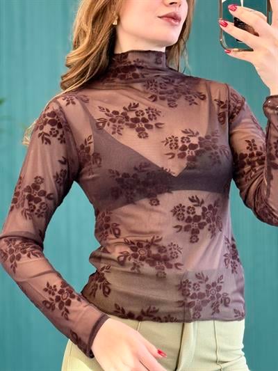 Kadın Kahverengi Transparan Çiçek Detaylı Uzun Kollu Bluz