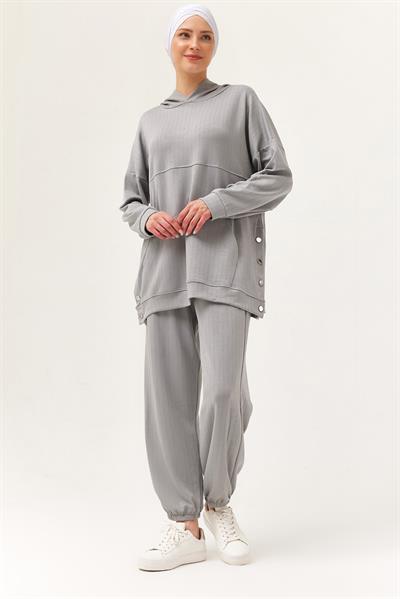 Çıtçıt Detay Kapüşonlu İkili Takım Gri