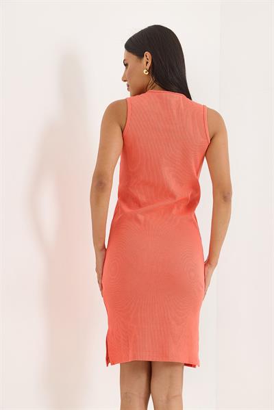 Sıfır Kol Kaşkorse Yırtmaçlı Midi Elbise Yavruağzı