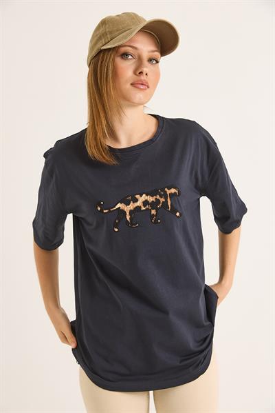 Ön Arka Nakışlı Oversize Pamuk T-Shirt Antrasit