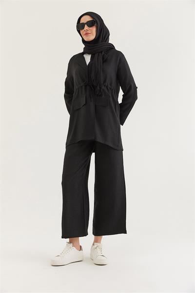 Bel Bağlamalı Ceketli Keten Takım Siyah