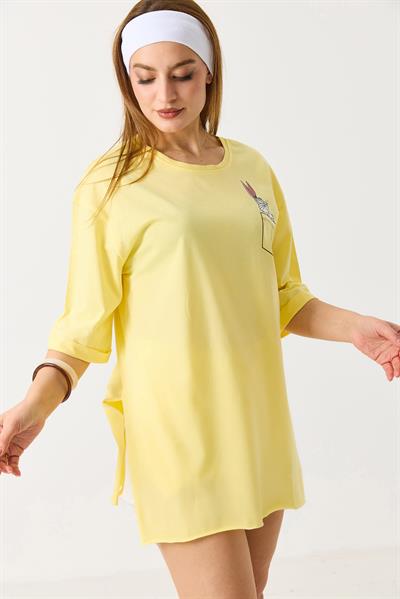 Kadın Yanları Yırtmaçlı  Oversize  Basic Tshirt Sarı