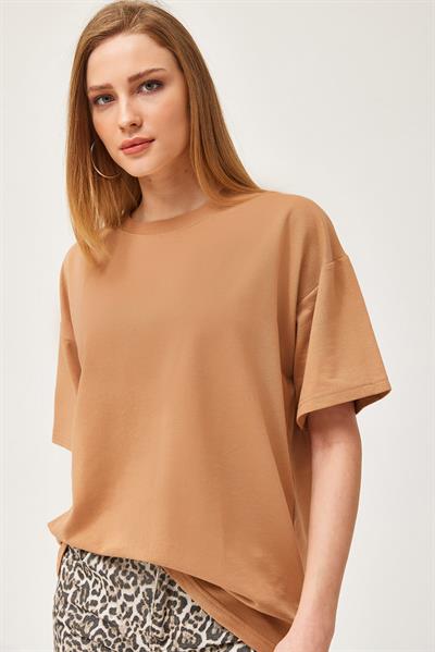 Basic Bisiklet Yaka Tshirt Bej