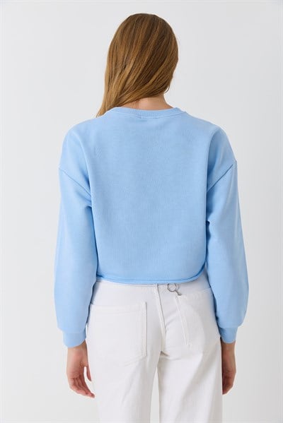 Kadın İki iplik Crop Sweatshirt Mavi