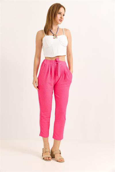 Bağlama Detaylı Bürümcük Örme Pantalon Pembe