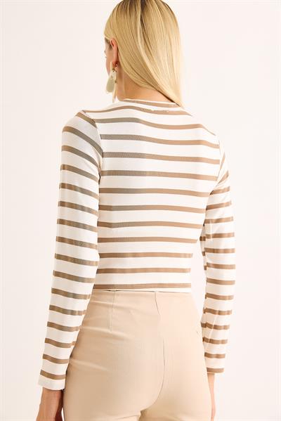 Kadın Çizgi Desenli Crop Bluz Bej