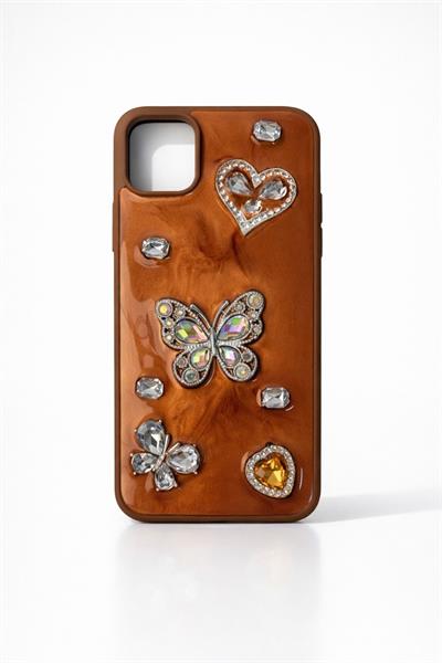 İphone 14 Kelebek ve Kalp Kabartmalı Taşlı Kılıf Taba