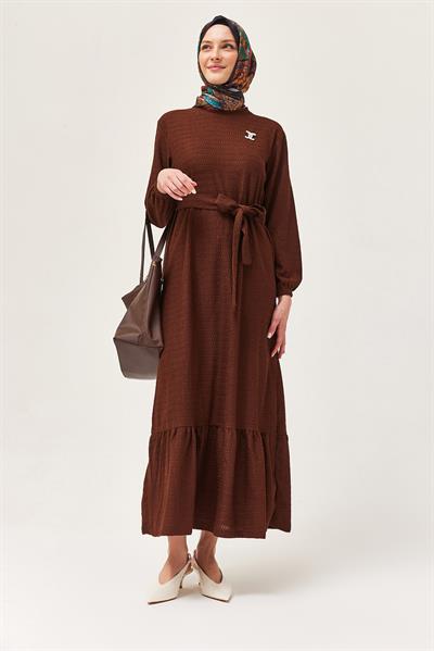 Kuşaklı Kat Keten Elbise Kahverengi