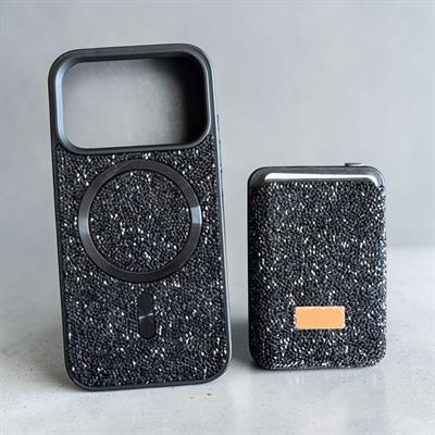 İphone 17 ProUyumlu Parlak ve Taşlı Kart Bölümlü Kılıf  Siyah