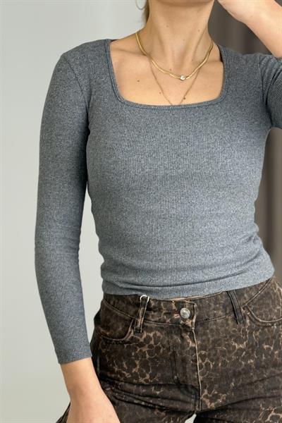 Kadın Fitilli Kare Yaka Uzun Kollu Bluz Gri