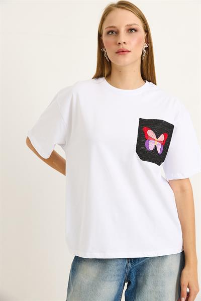 Nakış Detaylı Bisiklet Yada Basic Tshirt Beyaz