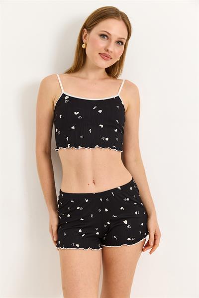 Croplu Kalp Baskılı Rahat Pijama Takımı Sİyah