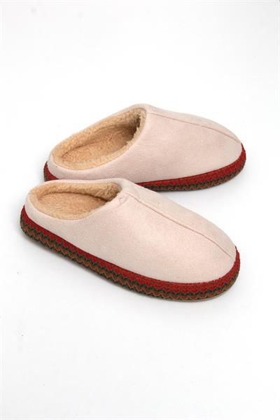 Nakışlı İçi Tüylü Kadın Ev Terliği Bej