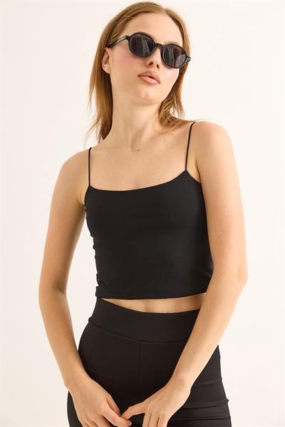 İp Askılı Crop Bluz Siyah