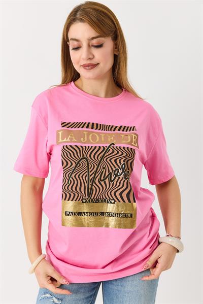 Kadın Parlak Yazılı Baskılı Tshirt Pembe