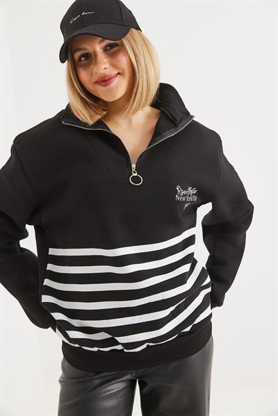  İçi Şardonlu Baskılı Fermuarlı Sweatshirt  Siyah