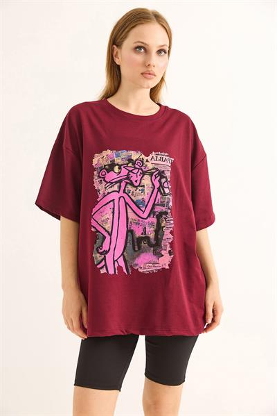 Baskılı Oversize Kesim Kadın Tshirt Bordo