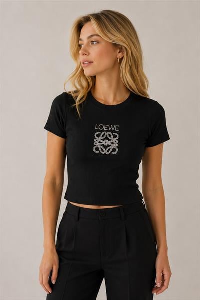 Kadın Love Taş Baskılı Penye Crop Bluz Siyah