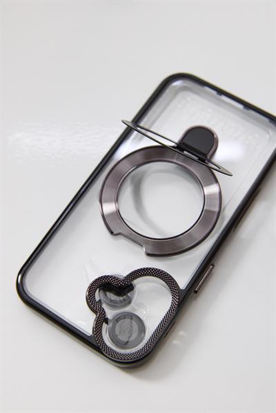 İphone 16 Plus Uyumlu Stand Tutucu Halka Şeffaf Telefon Kılıfı Gri