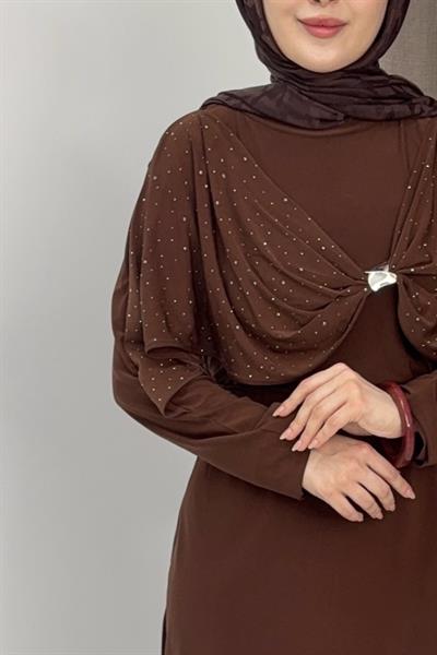 Kadın Beli Kemer Detaylı Taşlı Sandy Takım Kahverengi