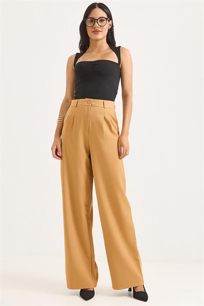 Yüksek Bel Bol Paça Pantalon Taba