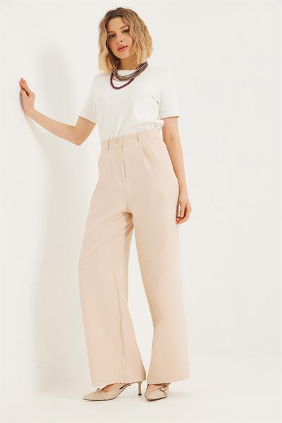 Dökümlü Bol Paça Pantolon Krem