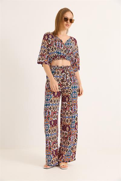 Etnik Desenli Kruvaze Yaka Crop Bluz Pantolon İkili Takım Bordo