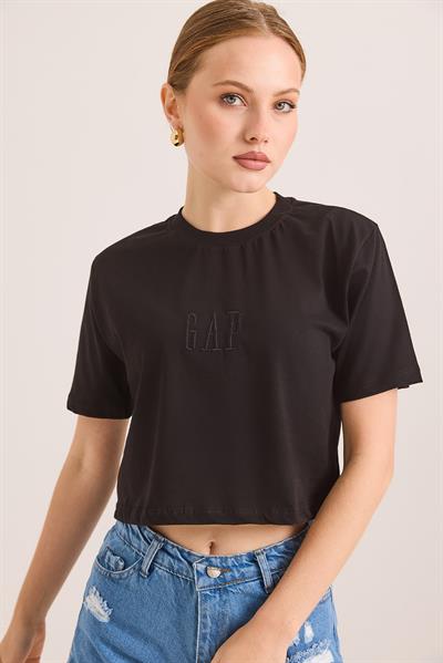 Nakışlı Örme Pamuk Crop Tshirt Siyah