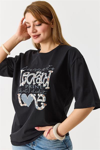 Kadın  Bisiklet Yaka Rahat Kesim Kısa Kol Tshirt Siyah