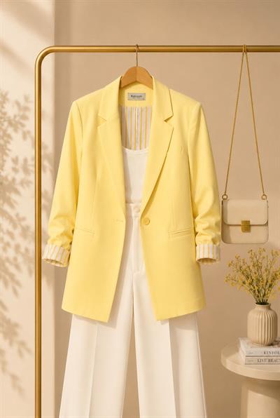 Kadın Oversize Düğmeli Çizgi Desenli Blazer Ceket Sarı