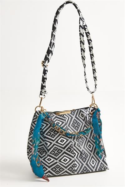 Şallı Mini El ve Omuz Çantası Siyah Beyaz