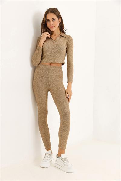 Kadın Polo Yaka İkili Fitilli Takım Vizon