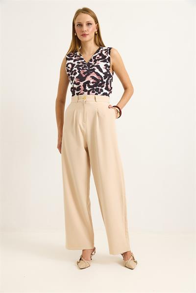 Yüksek Bel Bol Paça Pantalon Krem